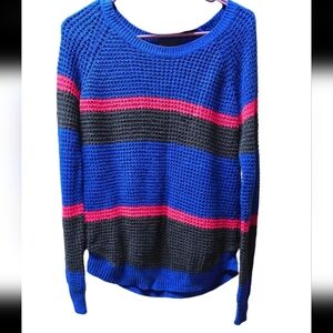 Joe Boxer Womens Black, Blue, and Red Striped Crew Neck Sweater Open Knit Sz L